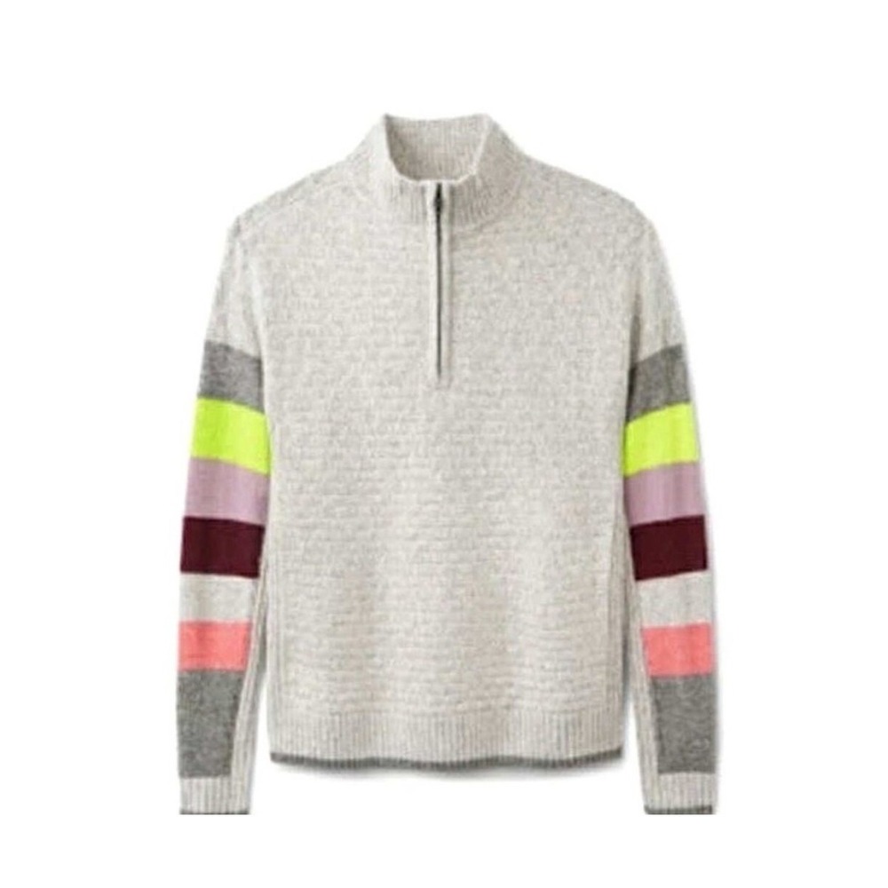 Cabi Downhill Knit Quarter Zip Sweater Gray Multi Color Striped Sleeves | M